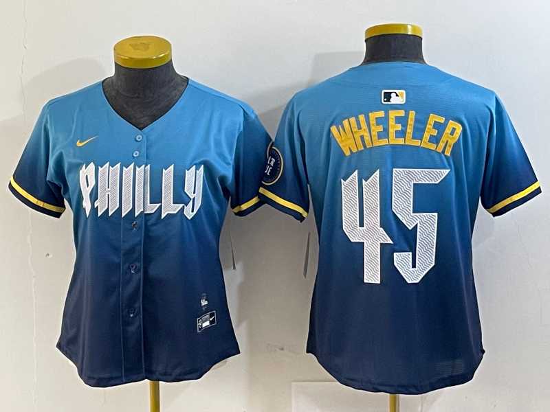 Womens Philadelphia Phillies #45 Zack Wheeler Blue 2024 City Cool Base Stitched Jersey